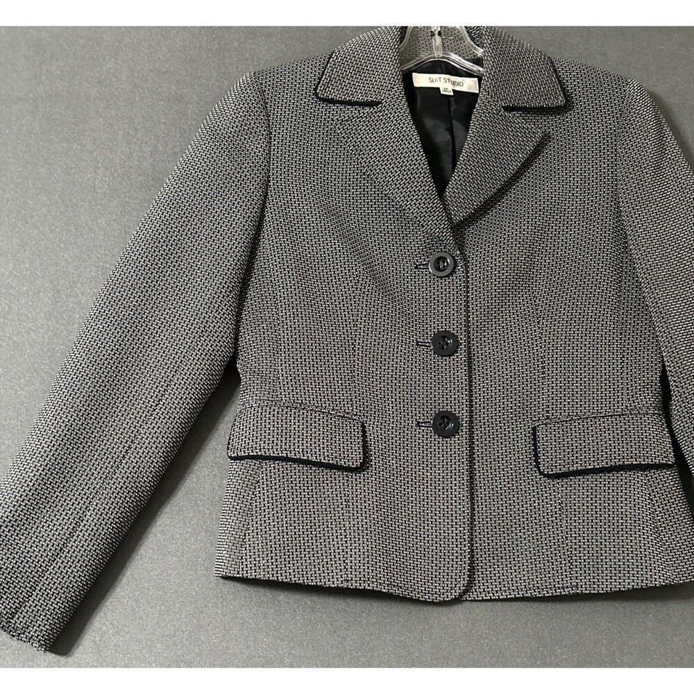 Suit Studio Blazer Jacket Black White Textured Piped Trim Sz 4P